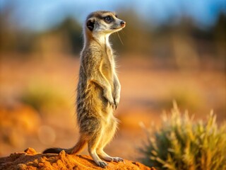 Fototapeta premium A sleek, nocturnal meerkat-like mammal with a bushy tail and pointed snout, standing upright on hind legs, surveying its arid, rocky savannah habitat.