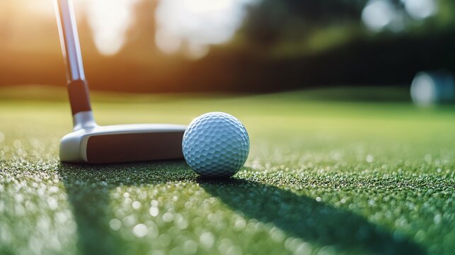 A close-up of a golf putter and ball on green grass, capturing the essence of a serene golf course at sunset.