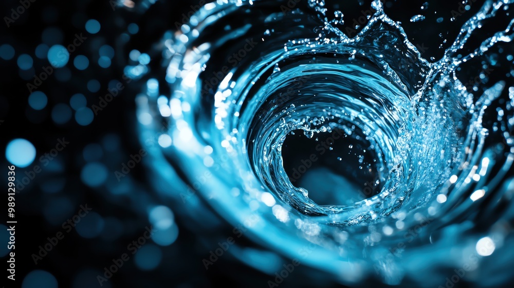 Poster swirling water vortex creating splashes and bubbles in a dark background.