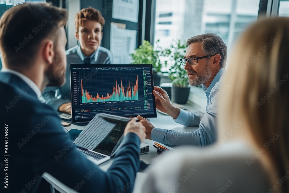 Poster business team discussing data trends in a modern office setting during a collaborative meeting