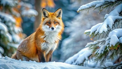 A sleek, rusty-red fox with piercing yellow eyes and a fluffy tail, set against a serene, snow-covered forest backdrop, exudes wilderness and mystique.