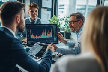 Business team discussing data trends in a modern office setting during a collaborative meeting
