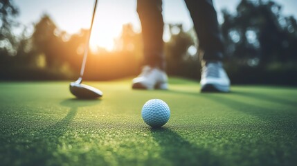 A golfer prepares to putt on a lush green course at sunset, capturing the essence of precision and relaxation in the game.