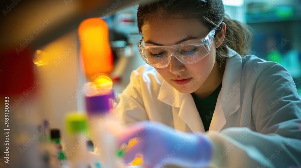 Poster a scientist in a lab coat conducts experiments with lab equipment and materials.