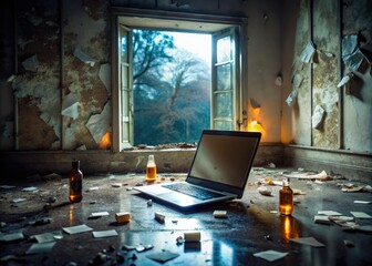A solemn, dimly-lit room with a laptop open to a distressing video, surrounded by empty pill bottles, torn papers, and shattered fragments of a broken mirror.