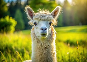 Obraz premium A soft, smiling alpaca posed in a lush green meadow, its fleece shimmering in the sunlight, with a gentle, curious expression on its face.