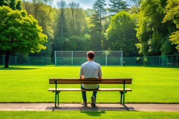 A solitary figure sits on a bench surrounded by lush greenery, intently gazing at the action unfolding on the sports field in the distance.