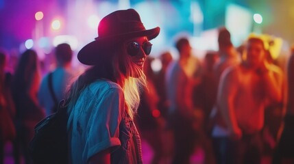 Obraz premium A woman in a hat and sunglasses stands amidst a vibrant crowd at a festival.