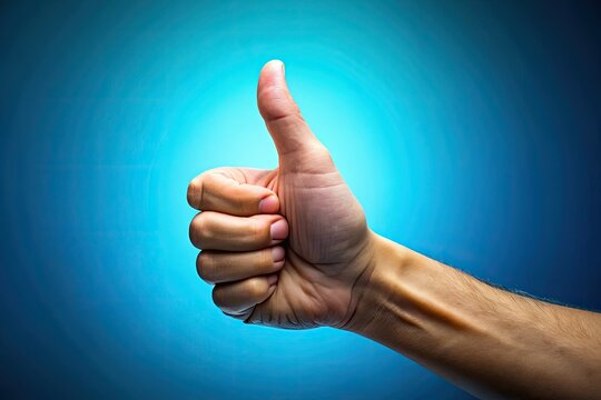 A solitary hand extends a triumphant thumb upwards, symbolizing approval, agreement, or satisfaction, against a bright blue background with a subtle gradient effect.