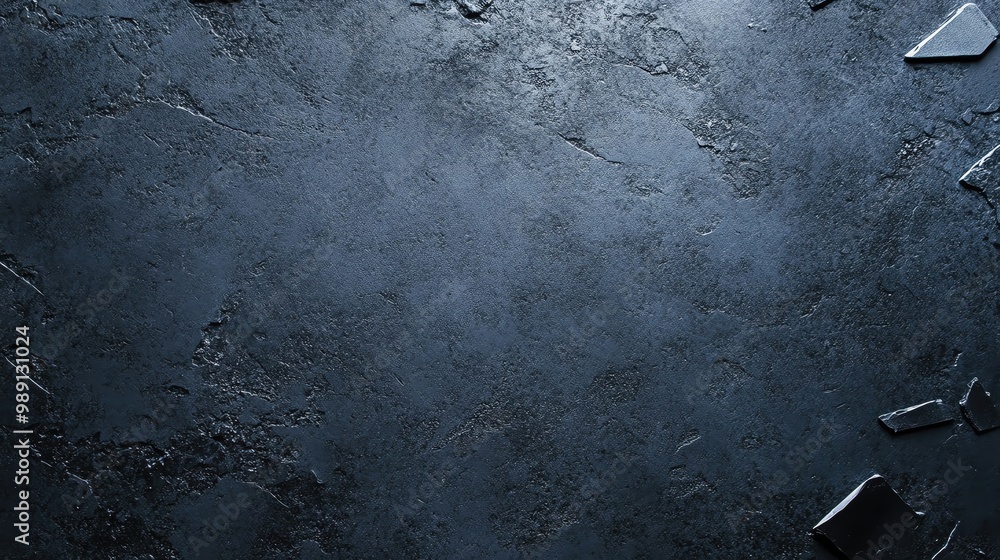 Poster textured dark surface featuring scattered glass shards, creating a dramatic and moody background per
