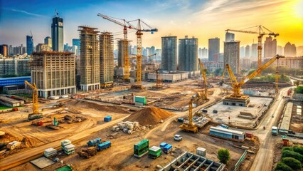 Fototapeta premium A sprawling urban development site with cranes, scaffolding, and partially built structures, surrounded by dusty excavators and heavy machinery amidst a bustling cityscape.