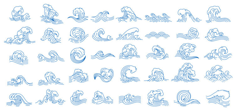 Asian japanese or chinese sea waves, vector oriental art. Vintage asian waves with ocean and sea water flow texture. Blue line splashes and tsunami surf with water swirls and ripples pattern