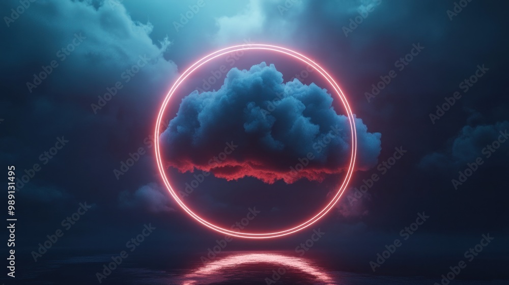 Poster a surreal scene featuring a glowing circular frame around a cloud against a dark, moody backdrop.