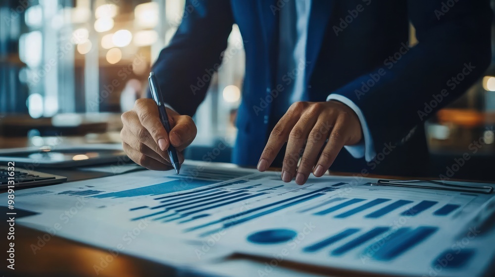 Poster a person analyzing data and charts in a professional setting.