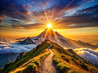 A stunning sunrise over a majestic mountain range, with a solitary trail leading to the summit, symbolizing courage, perseverance, and reaching new heights of success.