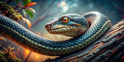 Obraz premium A stunning close-up captures the intricate scales and piercing eyes of a coiled serpent, its body wrapped around a weathered tree branch in a misty forest.