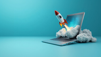 A laptop with a rocket coming out of the screen