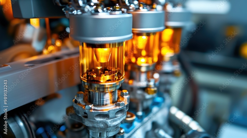 Poster close-up of engine oil filter in working engine system