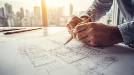 A person sketching architectural plans at a desk with a city view.