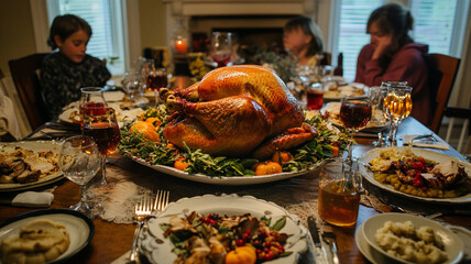 Obraz premium A large turkey on the table for the family during a thanksgiving dinner.