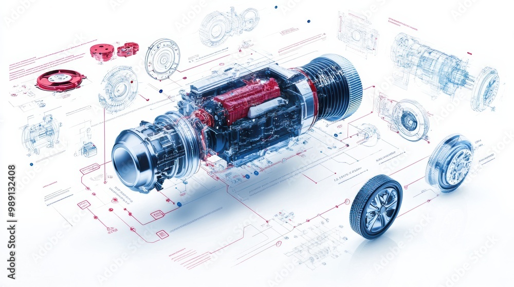 Poster 3d rendered engine with technical blueprint background