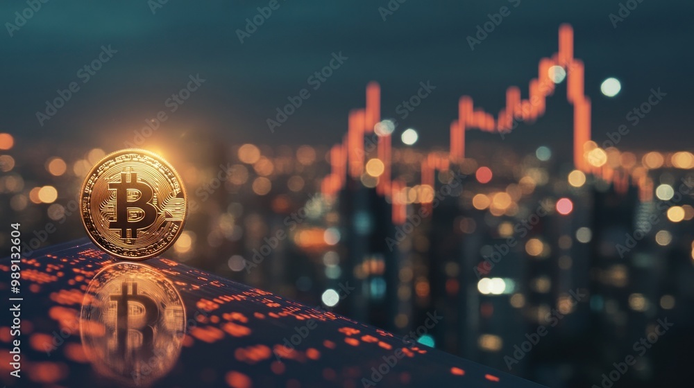 Poster a glowing bitcoin in the foreground with a blurred city skyline and a rising graph in the background