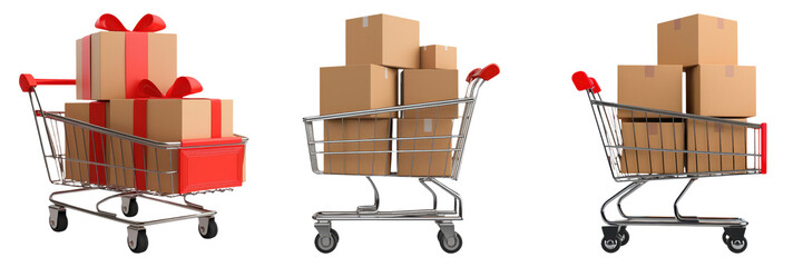 Shopping carts filled with boxes and gifts on a white isolated background.