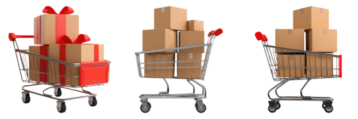 Shopping carts filled with boxes and gifts on a white isolated background.
