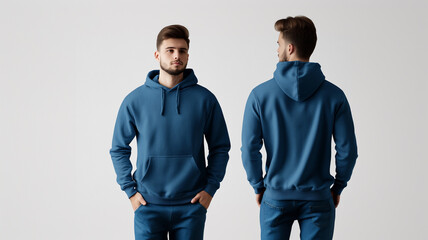 front and back view of an athletic male model wearing a blank blue hoodie on white background.