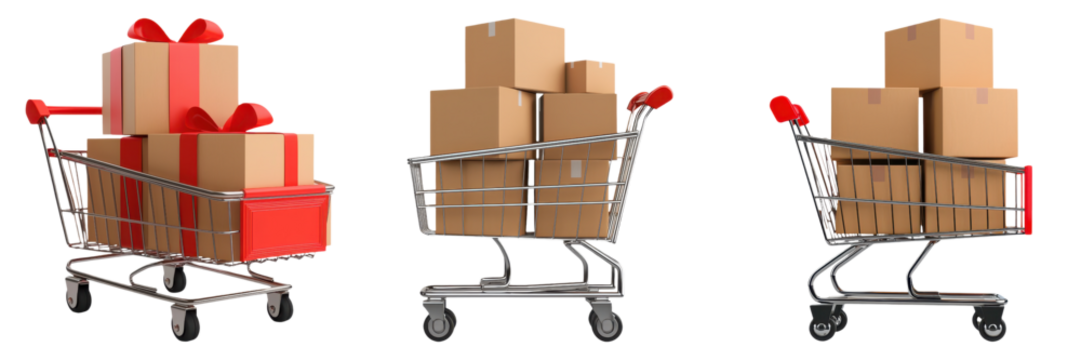 Shopping carts filled with boxes and gifts on a white isolated background.