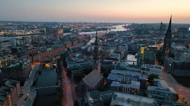 4k Aerial drone view Hamburg town hall building, city center. Germany.