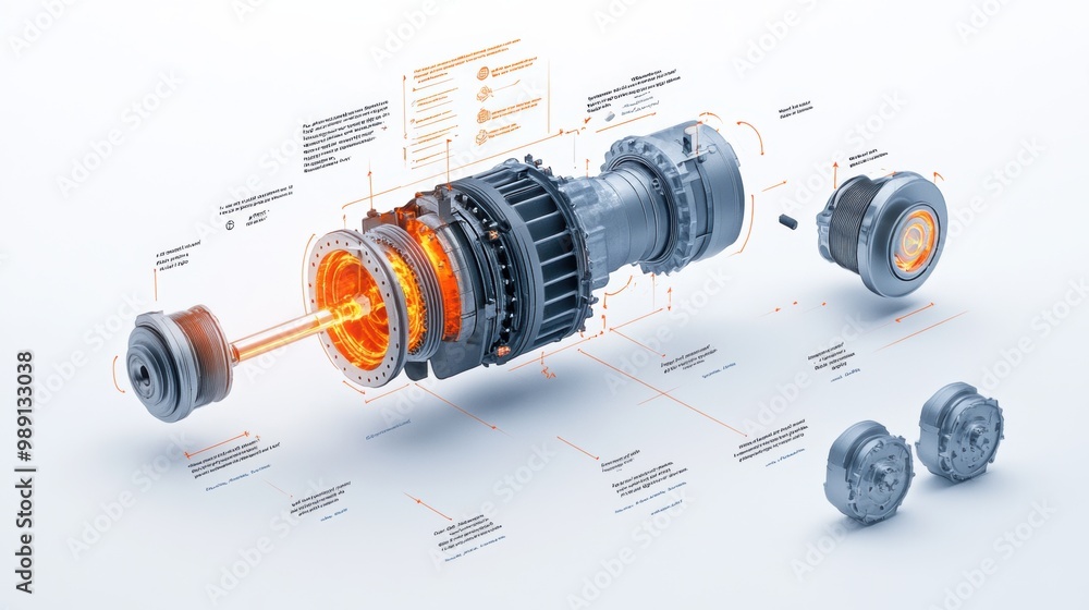 Poster exploded view of a jet engine component assembly