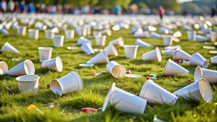 Many used paper cups scattered on grass field after a marathon race