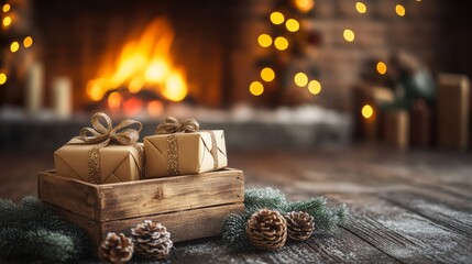 Caja de madera con regalos envueltos en papel marrón decorada con piñas y luces navideñas, situada frente a una chimenea iluminada.