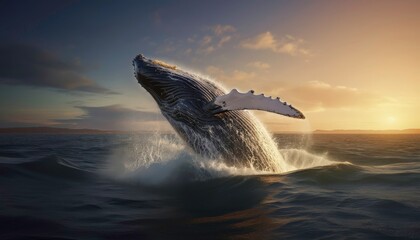 Fototapeta premium A whale is leaping out of the water, creating a splash. Concept of freedom and power, as the whale soars through the air. Generative AI