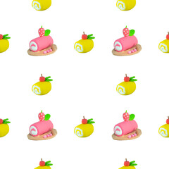 seamless background Plasticine Pink Strawberry Cream and yellow Cake Roll. Sweet Delicious Desser t on white Background.