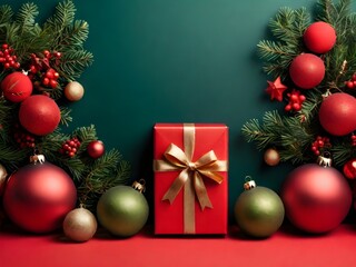 Christmas Eve concept. Top view photo of gift boxes with ribbon bows green red baubles gold star ornaments and pine branches on isolated red background with copyspace in the middle