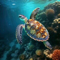 A turtle swims in the sea, with a school of fish swimming nearby. with coral reefs and fish creating a beautiful underwater view. Generative AI