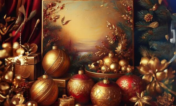 Zoom sur un tableau entour&eacute; de d&eacute;corations de No&euml;l dor&eacute;es, avec des boules et des branches de sapin, ambiance festive et &eacute;l&eacute;gante pour les f&ecirc;tes de fin d'ann&eacute;e