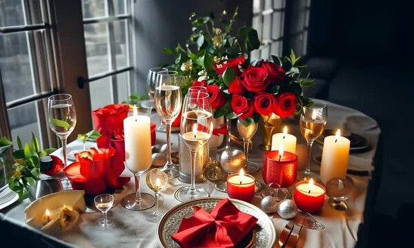 Table romantique &eacute;clair&eacute;e par des bougies pour la Saint-Valentin, ambiance intime et chaleureuse avec des flammes douces et une d&eacute;coration &eacute;l&eacute;gante pour c&eacute;l&eacute;brer l'amour