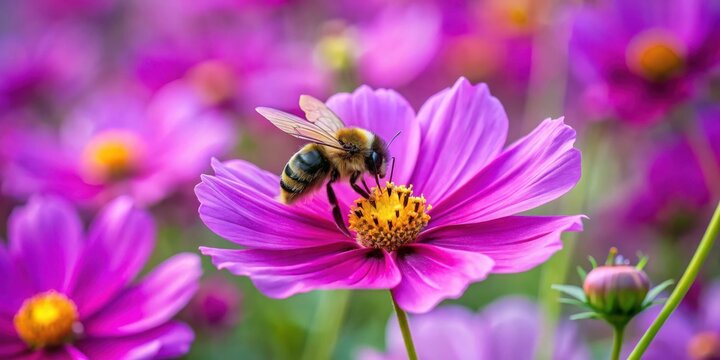 Bumblebee collecting nectar on vibrant purple cosmos flower with copy space - Powered by Adobe