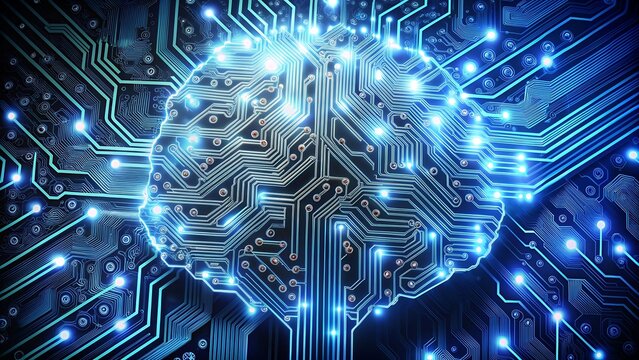 Placa de circuito con forma de cerebro con flujo de datos, ilustraci&oacute;n de tecnolog&iacute;a futurista