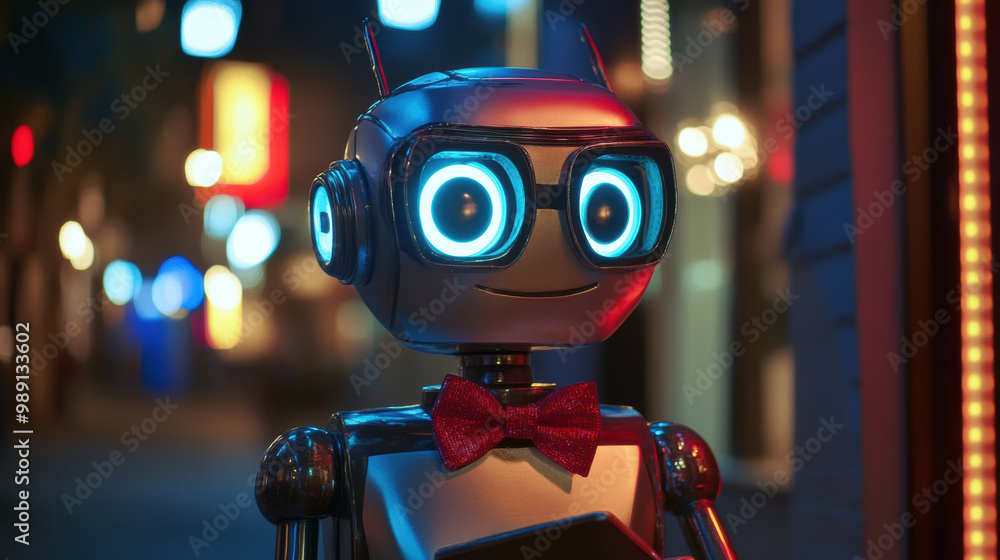 Poster sleek, futuristic robot with friendly appearance stands in vibrant urban setting, illuminated by col
