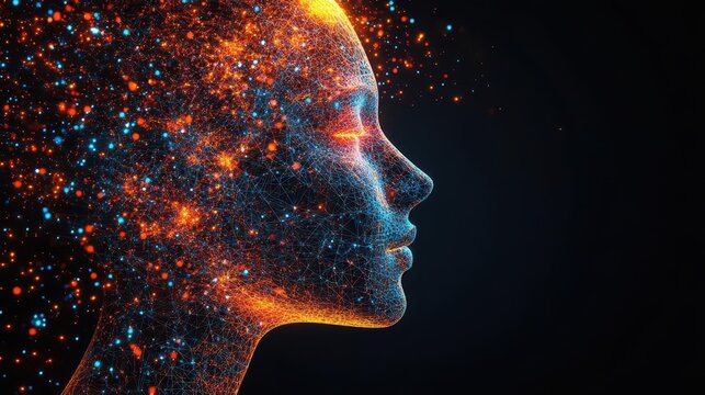 intricate wireframe human head profile filled with interconnected puzzle pieces neural pathways light up in vibrant colors symbolizing the complexity of cognitive processes and mental health