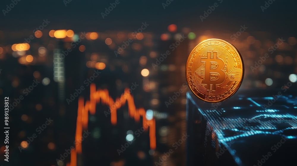 Poster a glowing bitcoin coin with a city skyline and a fluctuating graph in the background.