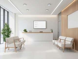Hospital waiting room with virtual nurse guides displayed on screens, virtual nurse, patient assistance