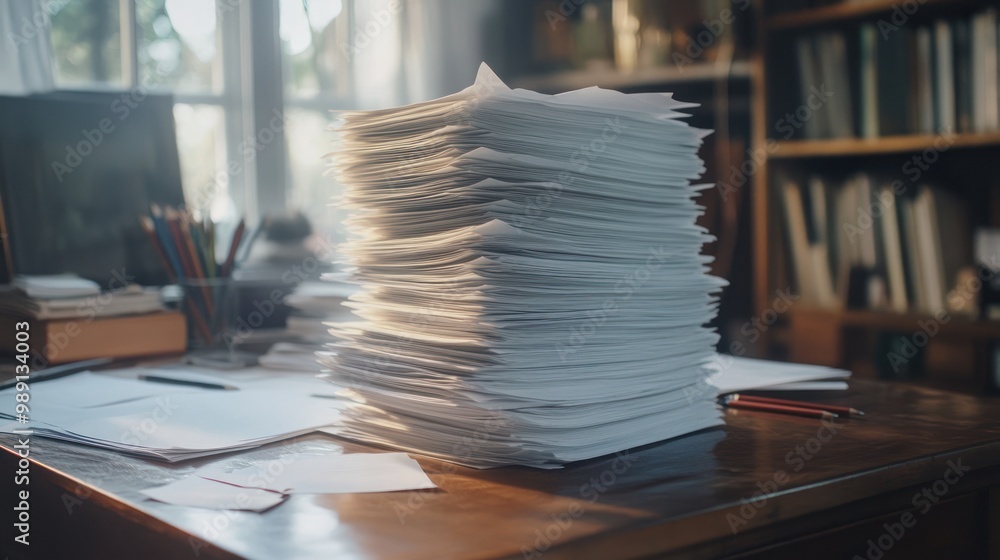 Poster a cluttered desk with a tall stack of papers, highlighting organization and productivity challenges.