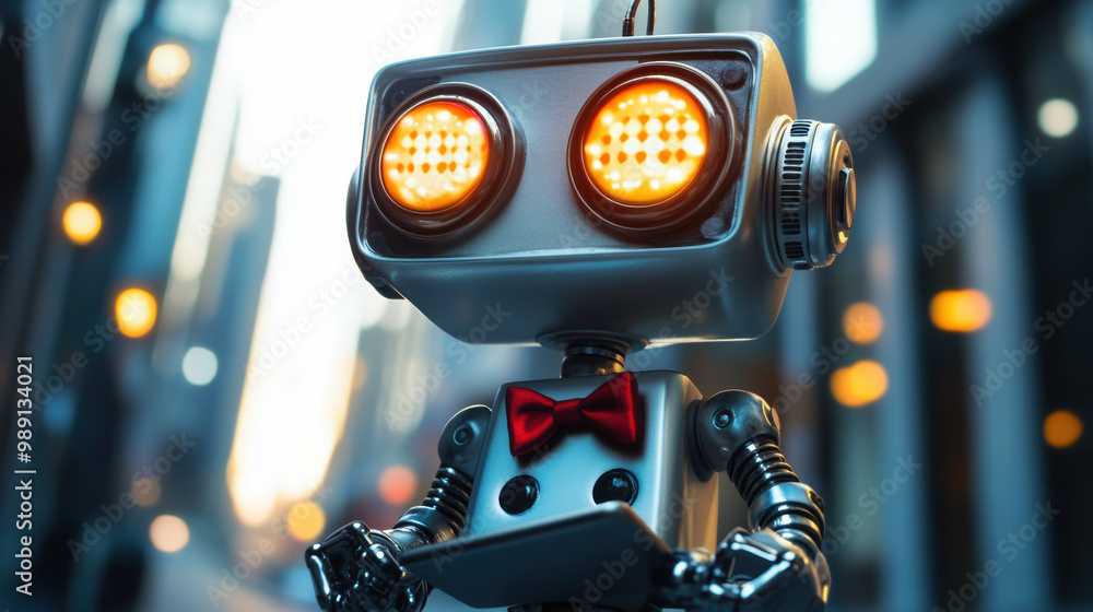 Poster sleek, futuristic robot with friendly appearance stands in urban setting, featuring glowing eyes and