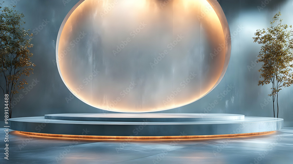 Poster circular platform with glowing edges in minimalist setting