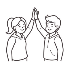 Two people giving a high five, simple outline on white background
